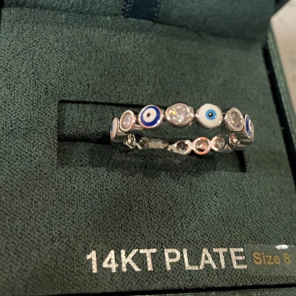 Silver 14KT Plate Evil Eye Ring with Cubic Zirconia and Enamel Accents (Size 8) - Picture 3 of 3